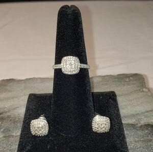 DIAMOND and sterling silver halo ring and halo earrings